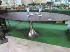 Dark hardwood long oval topped pedestal table, 96" x 48" x 29" high