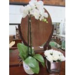 Artificial orchid in ceramic pot & pot with artificial white roses