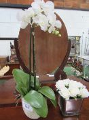 Artificial orchid in ceramic pot & pot with artificial white roses