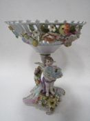 Very decorative continental porcelain bowl on stand, stand decorated with putto