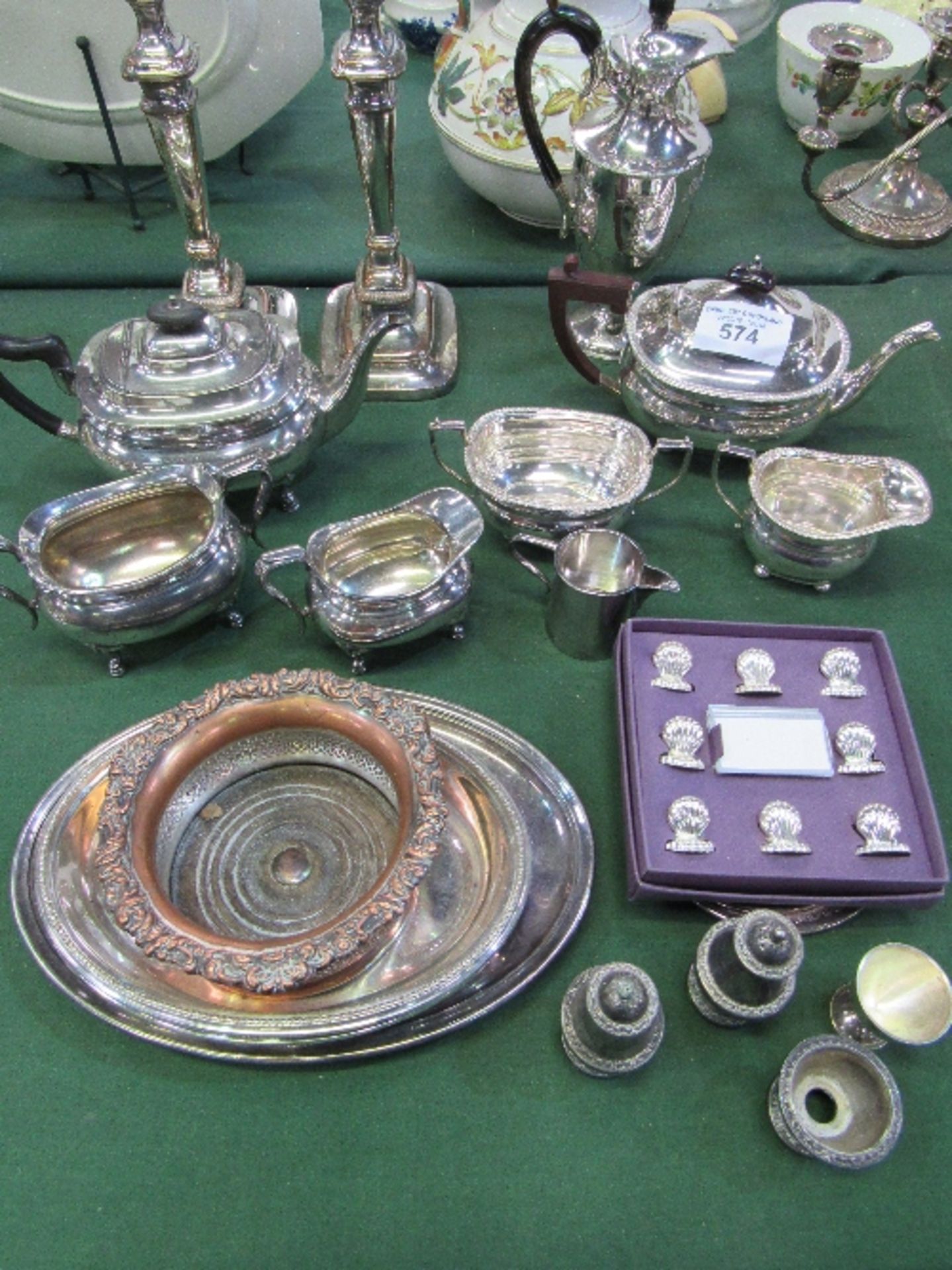 Qty of silver plate items including a pair of candlesticks & a ewer