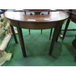 Mahogany demi-lune side table on 4 block legs, 45" x 22" x 29"