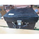 Antique black leather travel toilet case with lock & key. Interior is damask silk with removable