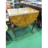 Antique walnut work table with drop sides & 3 drawers to end, on cabriole legs (one of which needs