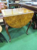 Antique walnut work table with drop sides & 3 drawers to end, on cabriole legs (one of which needs