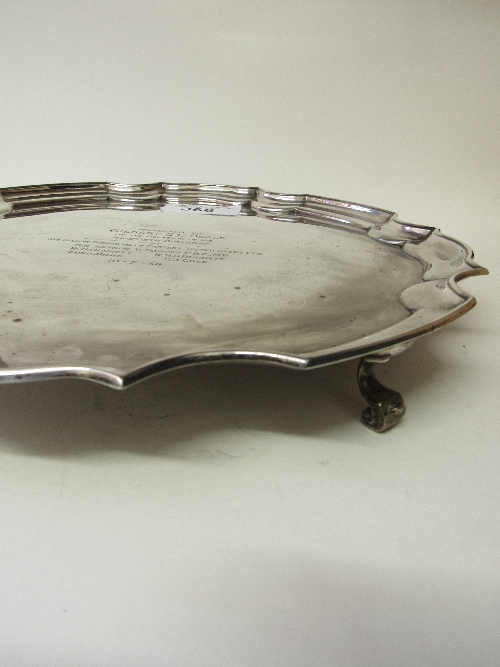 Circular silver presentation tray with pie crust edge, engraved 'Presented to Gilbert E C Beale on - Image 2 of 4