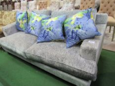 Large mottled grey upholstered sofa c/w 4 scatter cushions, 80" x 40" x 31" high