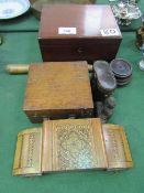 Mahogany writing slope c/w inkwells, inlaid Tunbridge ware table centre piece cigarette box, boxed