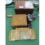 Mahogany writing slope c/w inkwells, inlaid Tunbridge ware table centre piece cigarette box, boxed