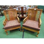 2 Chinese hardwood armchairs with seat cushions, 28" x 26" x 37" high