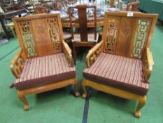 2 Chinese hardwood armchairs with seat cushions, 28" x 26" x 37" high