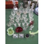Qty of drinking glasses & decanters & other glassware