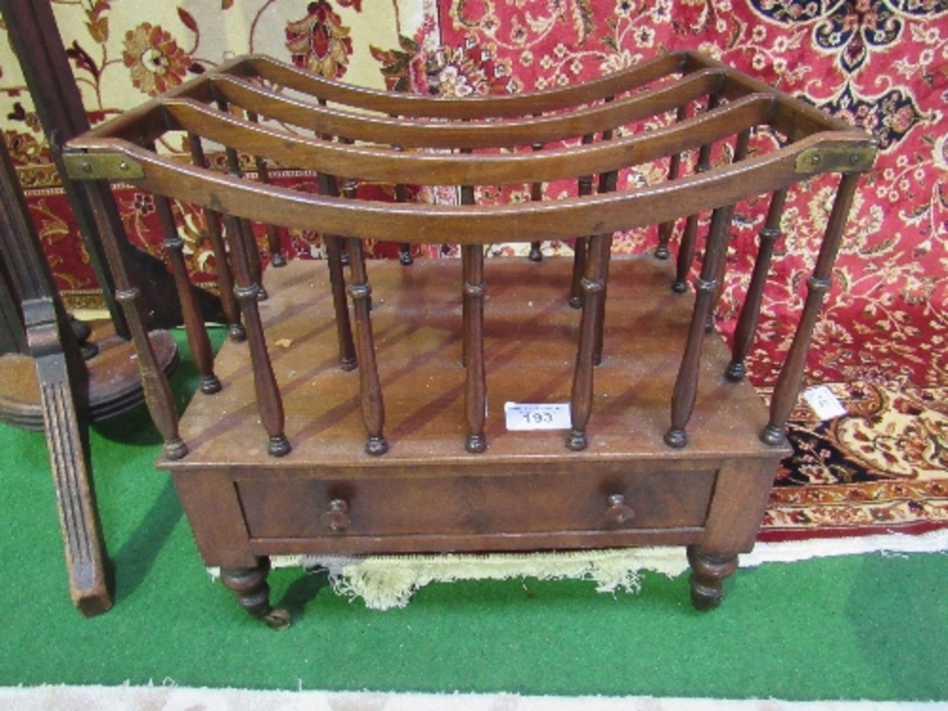 Victorian mahogany Canterbury with drawer, on casters