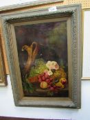 Large 19th century English school oil on board still life of copper jug with fruit, grapes & vines