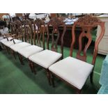 Set of 4 mahogany framed chairs & 2 carvers with upholstered seats & open splat backs