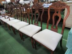 Set of 4 mahogany framed chairs & 2 carvers with upholstered seats & open splat backs