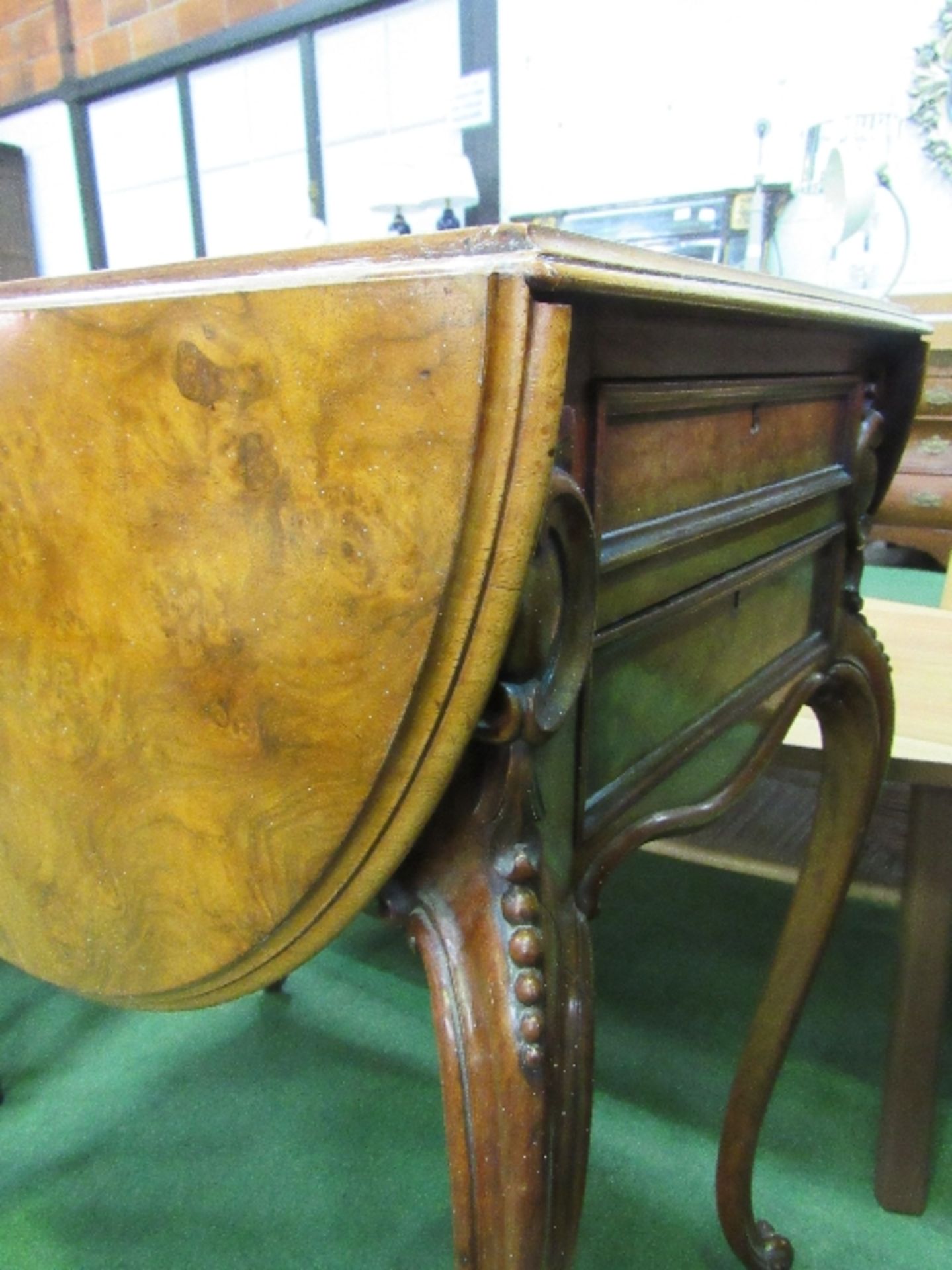 Antique walnut work table with drop sides & 3 drawers to end, on cabriole legs (one of which needs - Image 3 of 3