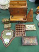 Oak & brass bound stationery box, a metronome & various other boxes