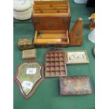 Oak & brass bound stationery box, a metronome & various other boxes