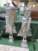 2 silver painted Asian-style figurines, 48" tall