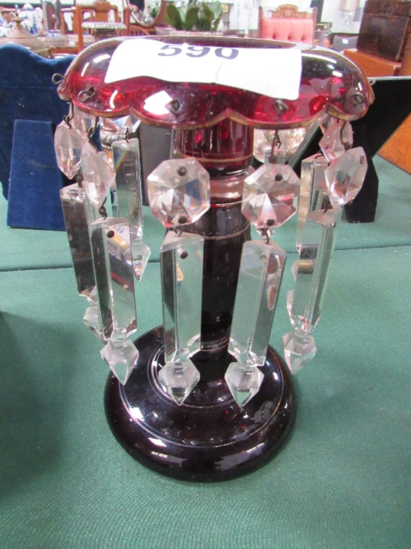 Large Victorian ruby lustre with long pointed crystal glass droplets