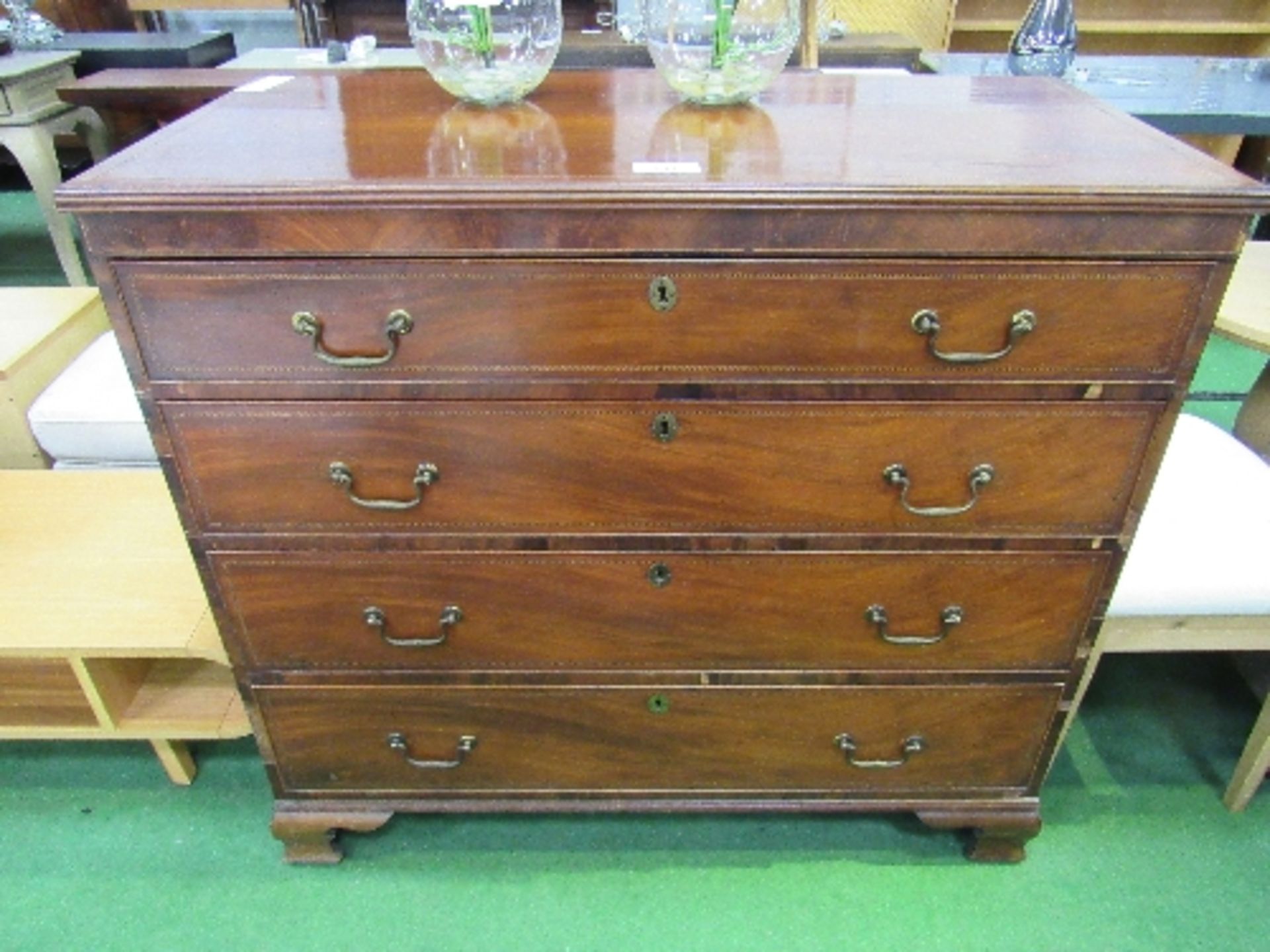 Victorian mahogany chest of 4 drawers with string inlay on bracket feet, 44" x 21" x 40" high