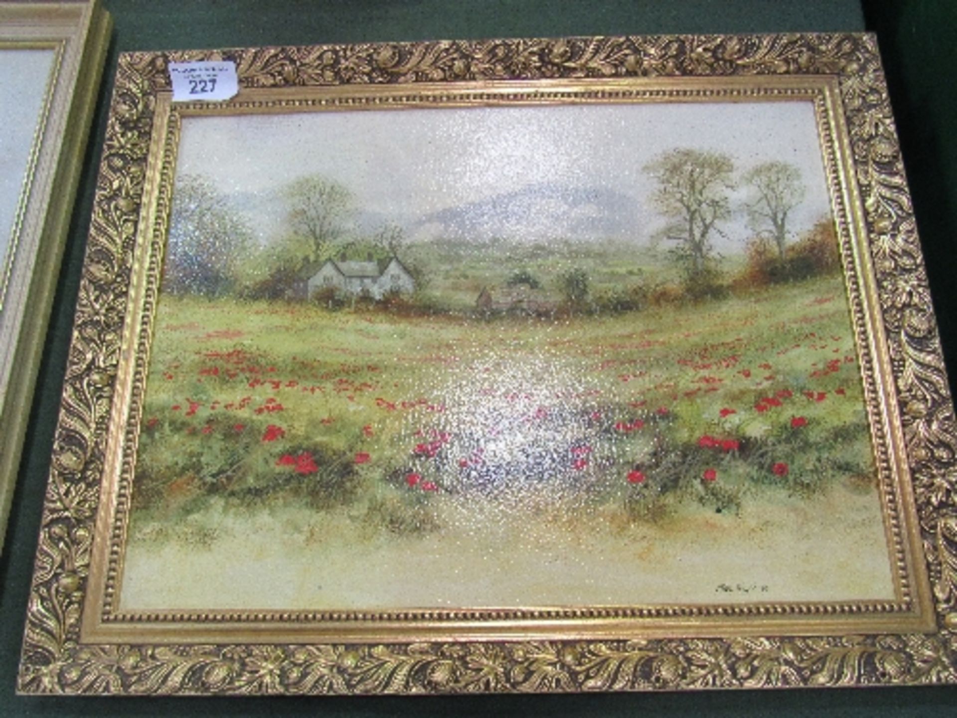 Framed reproduction oil on board of farmhouse scene with poppies, signed Mike Knight '80