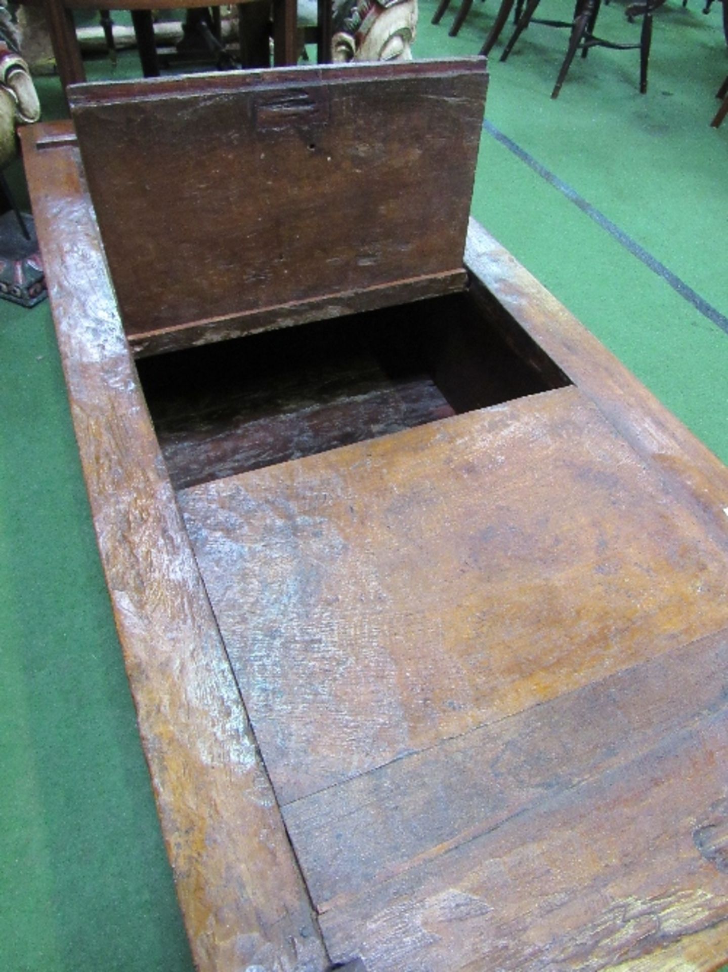 Antique Indonesian rice bed with central hatch door for access to internal storage, 72" x 31" x 17" - Image 3 of 5