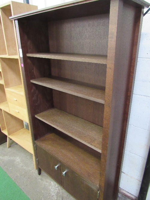 Dark oak finish unit of 4 open bookshelves above double cupboard, 35" x 66" x 12" - Image 2 of 2