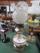 Tall Victorian florally decorated ceramic oil lamp converted for electricity of baluster form with