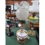 Tall Victorian florally decorated ceramic oil lamp converted for electricity of baluster form with