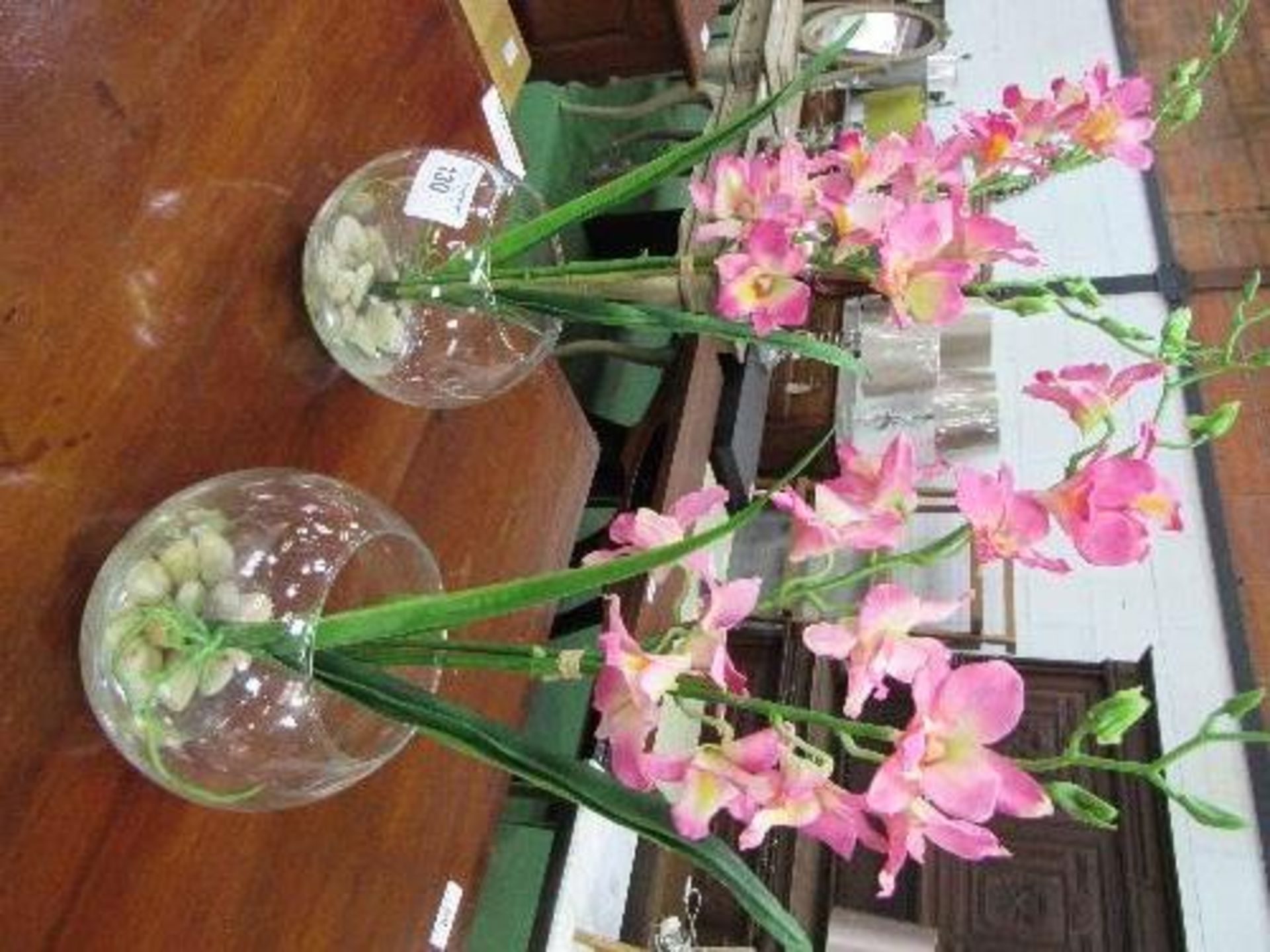 2 artificial pink orchids in glass vases - Image 2 of 2