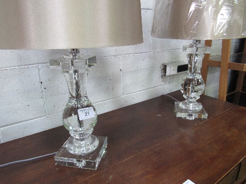 A pair of large glass table lamps with silk-effect shades. Approx 19" height. - Image 2 of 2