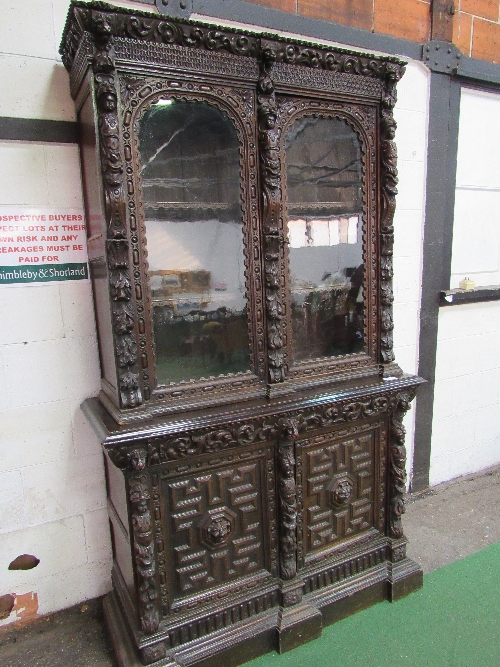 Victorian heavily carved glazed bookcase with double cupboard beneath, 56" (w) x 93" (h) x 22" (d) - Image 2 of 6
