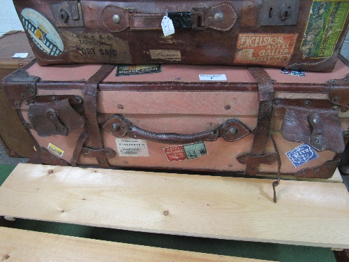 Large leather bound & strapped travel case with several railway & hotel stickers