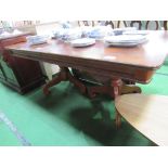 Mahogany extending dining table on twin pedestal supports & 2 leaves, 42" x 68" x 24" x 30" high