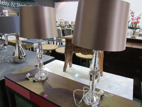 A pair of shaped glass table lamps & shades