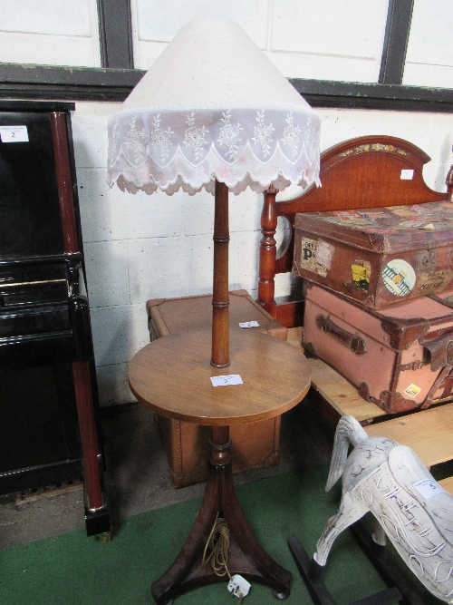 Oak turned standard lamp cum occasional table on tripod base, table 16" diameter, height 53"