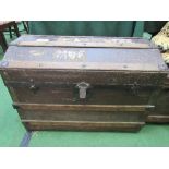 2 antique domed travel trunks, wood & leather bound with brass & bronze fittings, one with