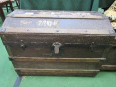 2 antique domed travel trunks, wood & leather bound with brass & bronze fittings, one with