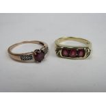 9ct gold ring with 3 red stones, size U, weight 4.5gms & 9ct rose gold ring set with a circular