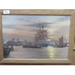 Framed & glazed print of sailing ships in the Thames, London, signed Rodney Charman '87. Price guide