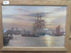 Framed & glazed print of sailing ships in the Thames, London, signed Rodney Charman '87. Price guide