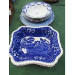2 Copeland 'Spode's Tower' dishes, 4 Victorian blue & white china bowls & a blue potter plate. Price