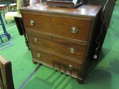 Victorian mahogany chest of 3 drawers on bracket feet, 88cms x 51cms x 95cms. Price guide £40-60.