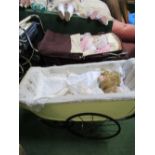 2 porcelain dolls in a vintage small pram & another porcelain doll in a small Silver Cross pram.