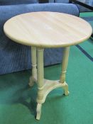 3 pine circular tables, 41cms diameter, 57cms height. Price guide £10-20.