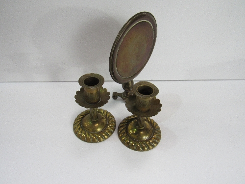 A late Victorian brass model tilt-top table & a pair of brass low candlesticks. Price guide £20-30. - Image 2 of 3