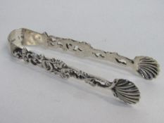 Silver sugar tongs with filigree & scallop shell ends