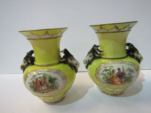 Pair of 19th century Berlin vases with goat head handles, decorated with scenes of lovers (1 goats - Image 3 of 3